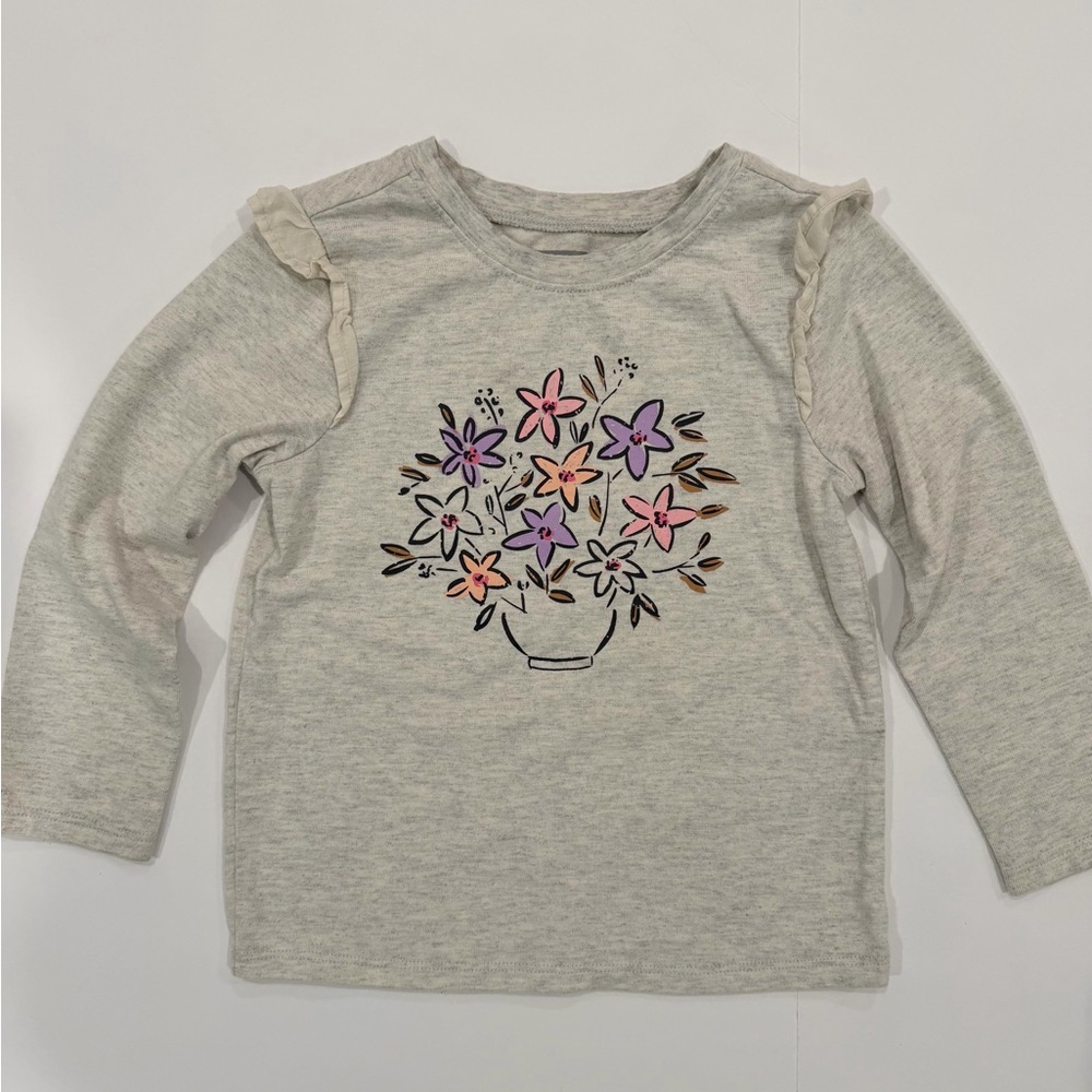 Floral Girls Long Sleeve Shirt - Heather Grey - 4T